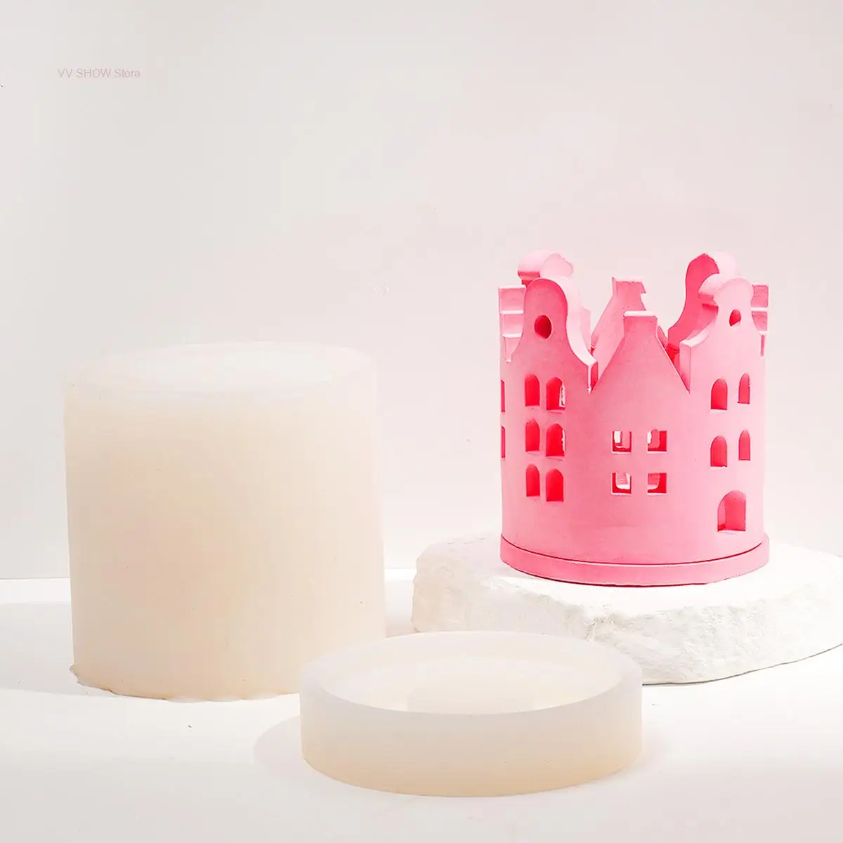 DIY House Ring Tea Light Silicone Mold Plaster Concrete Drops Castle House Candle Holder Mould Creative 3D Craft Gifts Ornaments