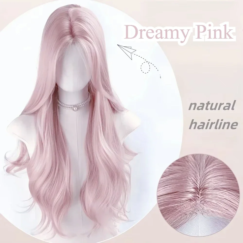 Pink Wig for Women Long Wavy Cosplay Wigs Natural Soft Sweet Synthetic Wig for Cosplay Party Daily Use