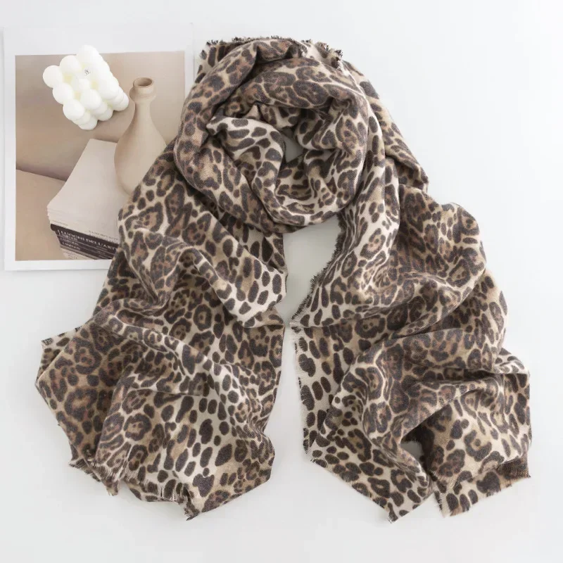 2024 New Leopard Soft Warm Scarf for Women Retro Print Imitation Cashmere Tassel Scarves Shawl Girl Clothing Accessories Gift