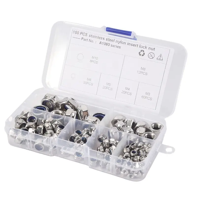 A36T-150Pcs 304 Stainless Steel Lock Nut Assortment Kit For Hardware Accessories Nylon Insert Hex Lock Nuts Self Locking Nut M3