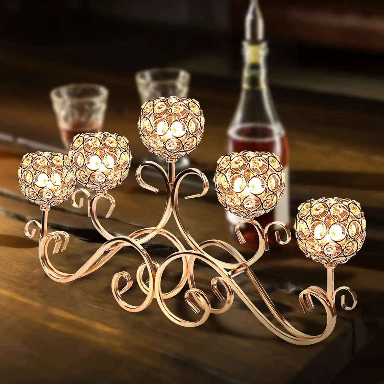 

Crystal Candle Holder with 5 Arms Gold Crystal Bowl Tealight Holder Candelabra,Table Centerpieces for Dining Room Living Room