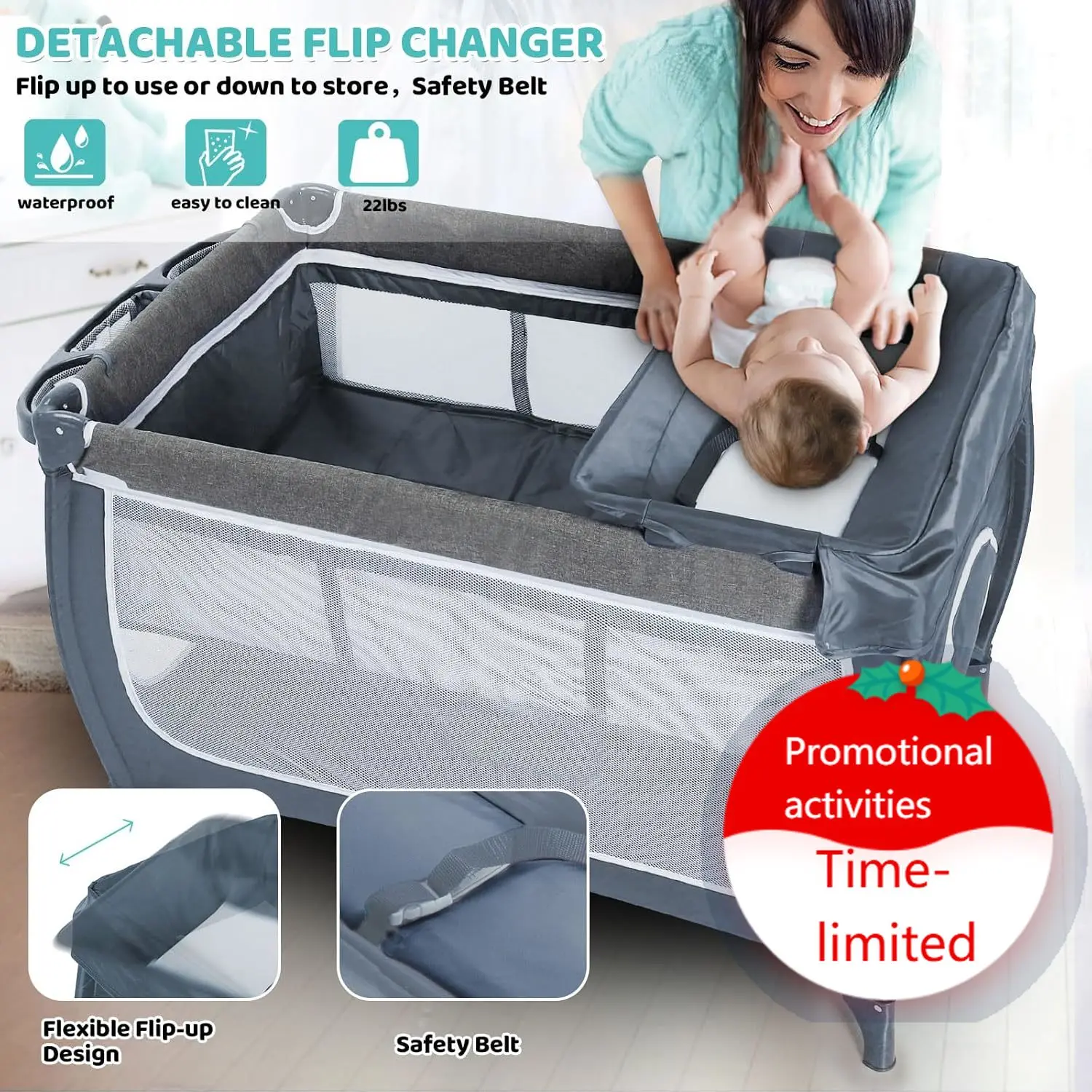 

Прикроватная люлька для младенцев, 4-в-1: люлька-кроватка Pack n Play, прикроватная кроватка-люлька с москитной сеткой, игрушками и музыкальной колыбелькой, матрасом