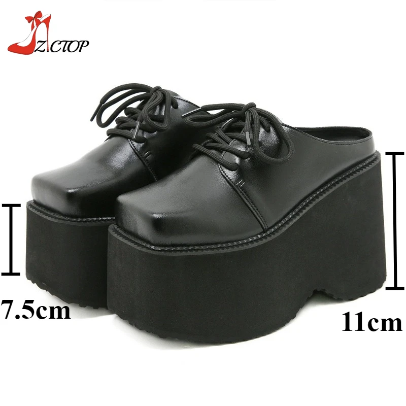 Black Platform Sandals Wedge High Heels Women Closed Toe Chunky Slippers Mules Outdoor Slip On Gothic Punk Shoes Big Size 42 43