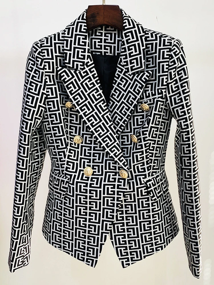 HIGH STREET Newest 2024 Designer Jacket Women\'s Double Breasted Lion Buttons Geometrical Jacquard Blazer