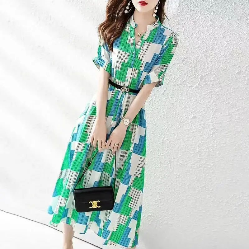 Vestido camisero a cuadros de moda para mujer Primavera Verano suelto manga corta gasa vestido largo por debajo de la rodilla verde rojo