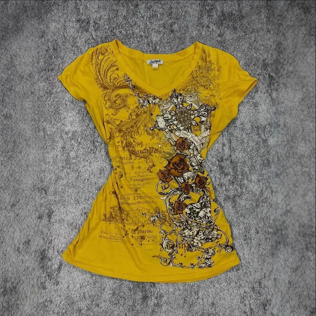 

American Retro Yellow V-neck Short Sleeved T-shirt Vintage Baroque Rose Print Waist Cinching Top