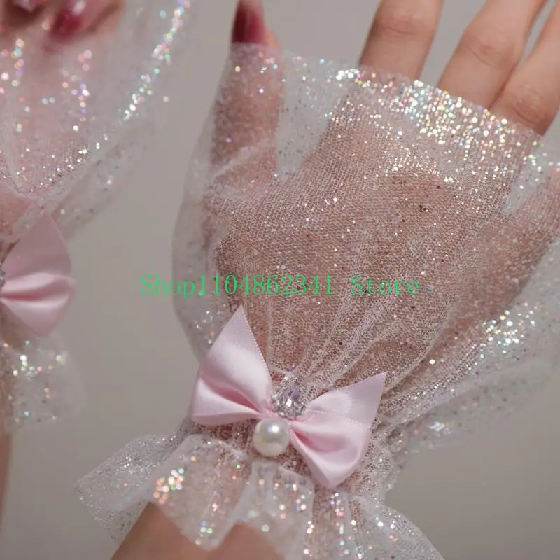 

652F Glitter Nails Art Arm Covers Breathable Lace Photography Prop Bowknot Embellished