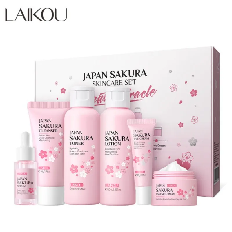 

Sakura Facial Cleaner Korean Face Serum Anti Acne Peeling Gel Moisturize Fade Dark Circles Eye Cream Cosmetics Skin Care Set