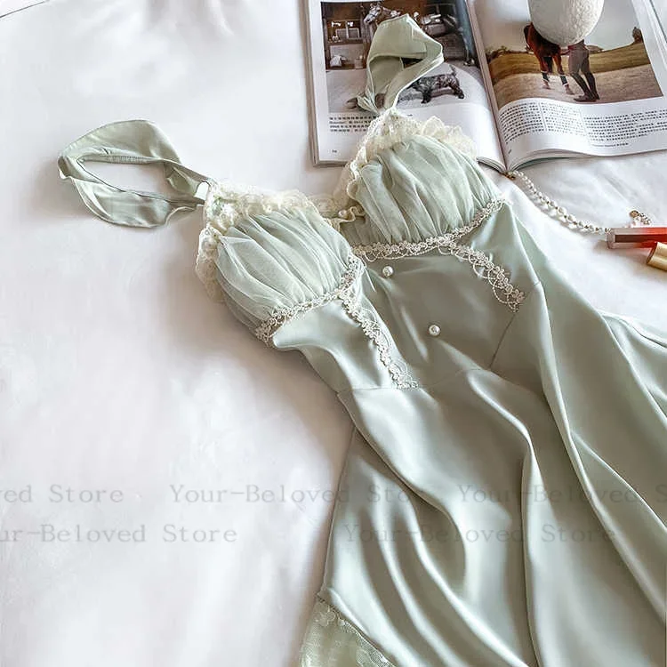 Summer Fashion Exotic Women's Wear New Sweet Nightgown Lace Patchwork Sleepshirt Simple Solid Color Ruffle Elegant Dress