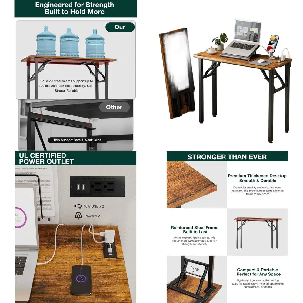 

Portable 35.8 Folding Craft Desk with Built-in AC/USB Ports for Small Spaces and Study, Rustic Brown