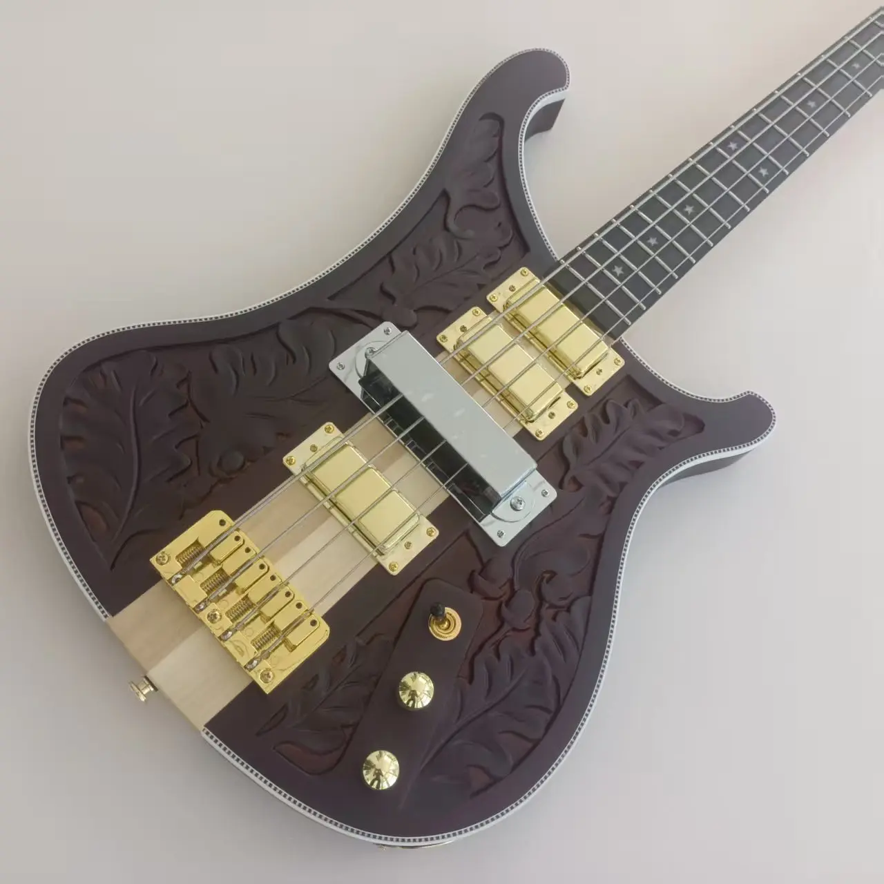4 String Neck Thru Bass Guitar Carved Body Ebony Fingerboard Electric Bass Gold Hardware