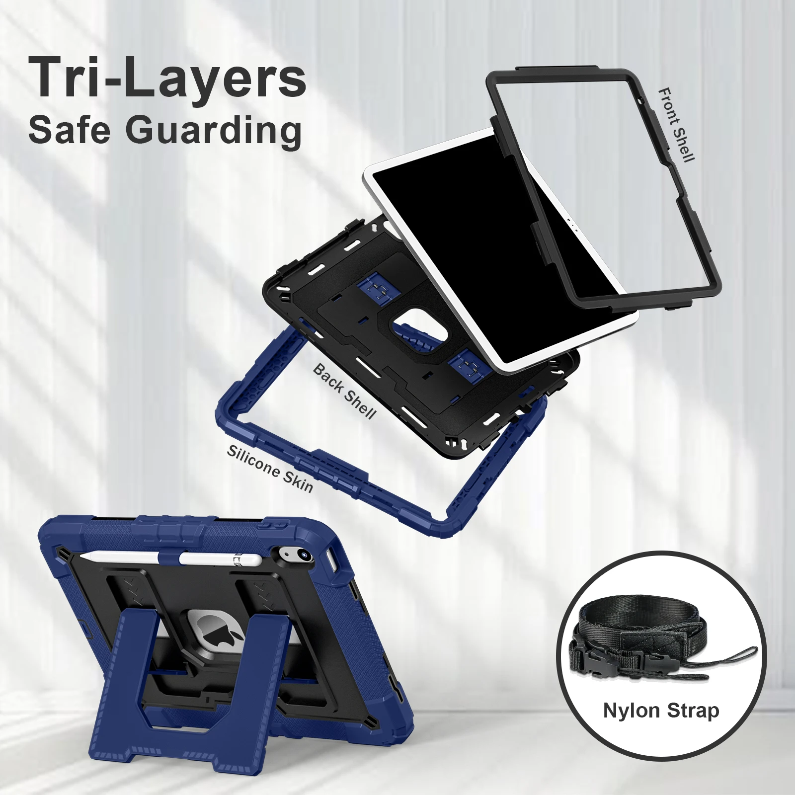 Tri-Layer Shockproof iPad Case for iPad A19 12th A16 11th and iPad 10th with Silicone Skin, Stand and Nylon Strap
