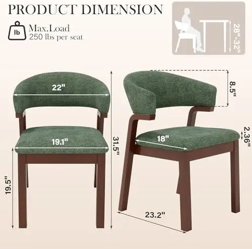 Mid Century Modern Dining Chairs Set of 2, Upholstered Dining Room Chair with Open Back, Farmhouse Fabric Kitchen view 2