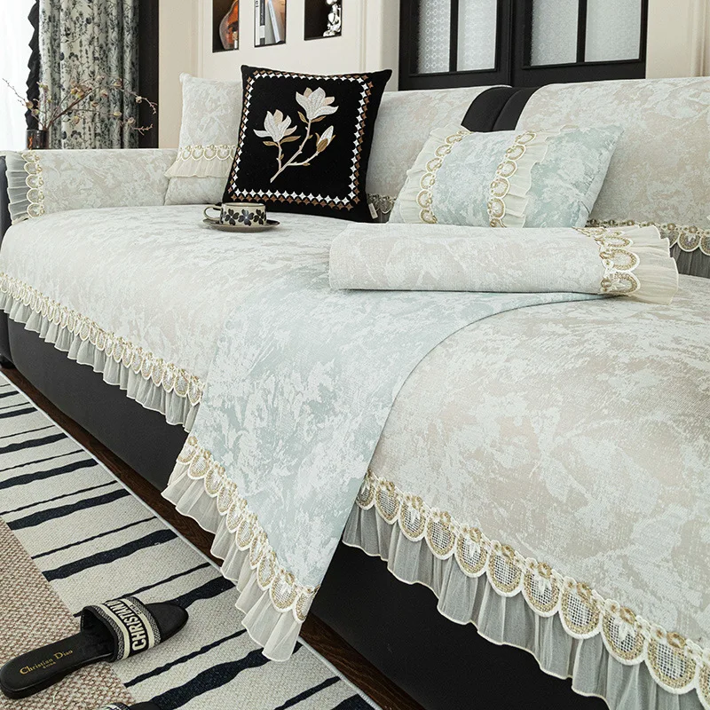 French Romantic Sofa Cushion with Lace Floral Print Non-Slip Sofa Cover for Living Room High-End Anti Cat Scratch Home Textile