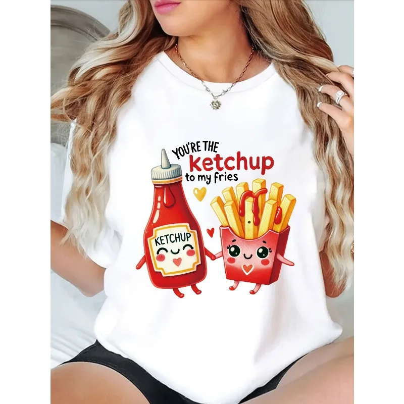 Tomato Sauce and My French Fries Printed Women's T-shirt Casual Round Neck Short Sleeve Cotton Fashion Women's Harajuku Top