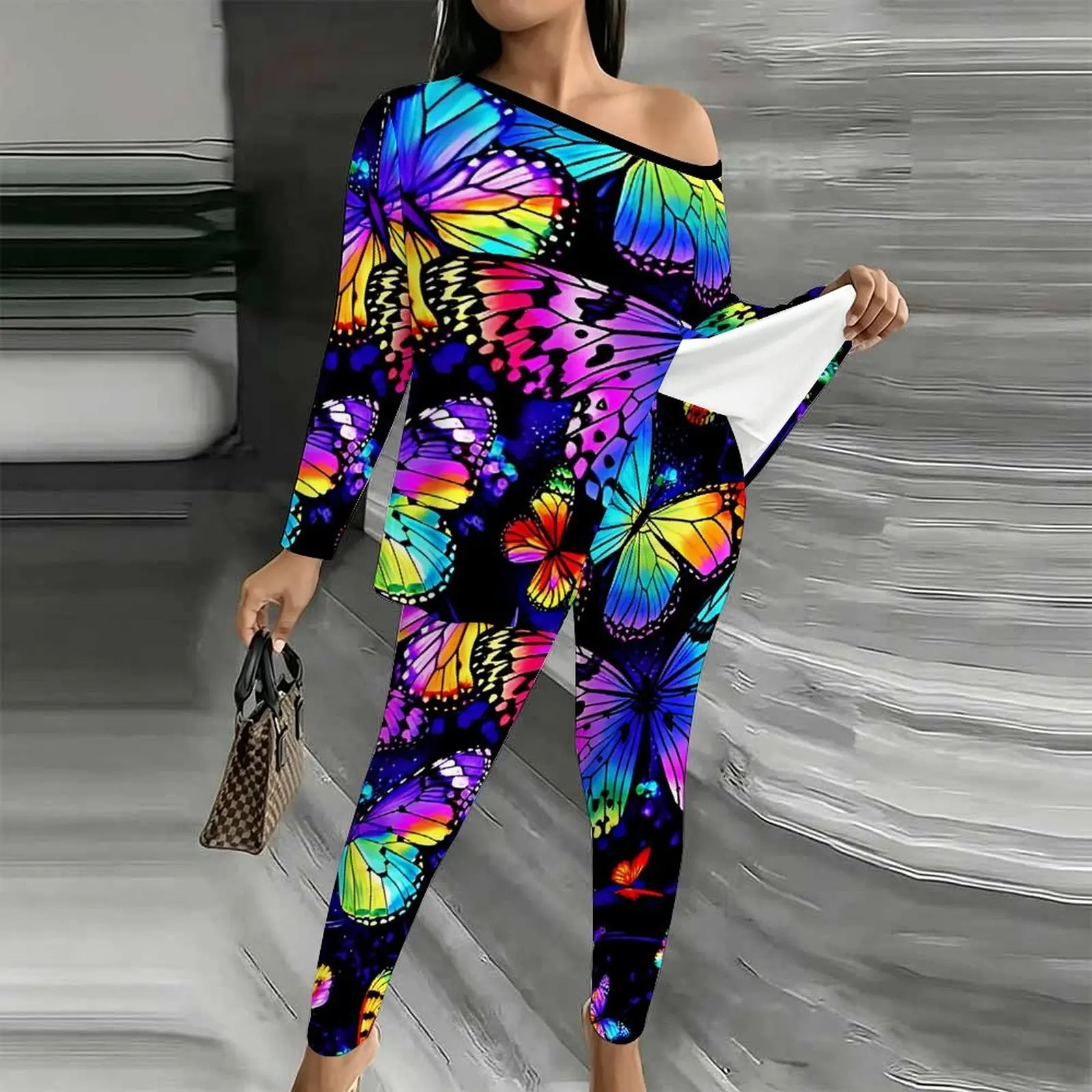Autumn Winter Diagonal Collar Long Sleeved Elegant Two-piece Set Women's Fashion Printed Jogging Pants Off Shoulder T-shirt
