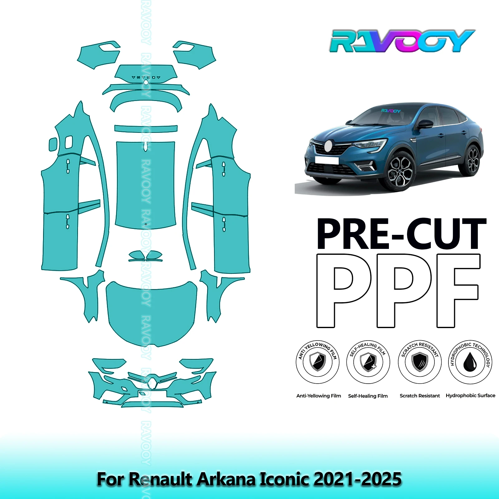 RAVOOY 8.5Mil Custom-Fit Precut TPU PPF Full Vehicle Clear Bra Stone Guard EU UK For Renault Arkana Iconic 2021-2026
