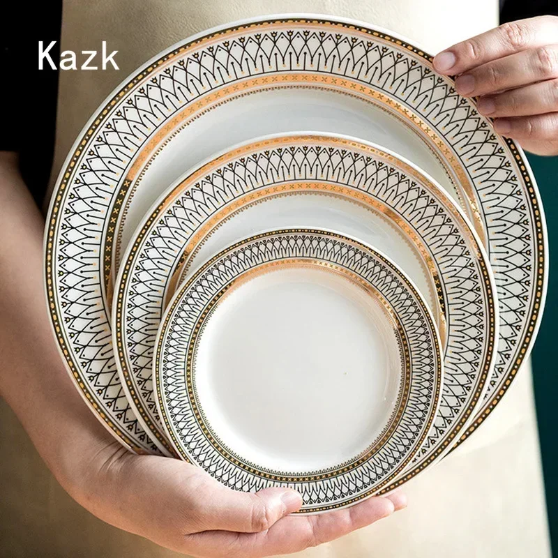 European Style Golden Stroke Ceramic Plate Home Dining Table Decor Pasta Dinner Plate Soup Bowls Sense of Luxury Tableware Set