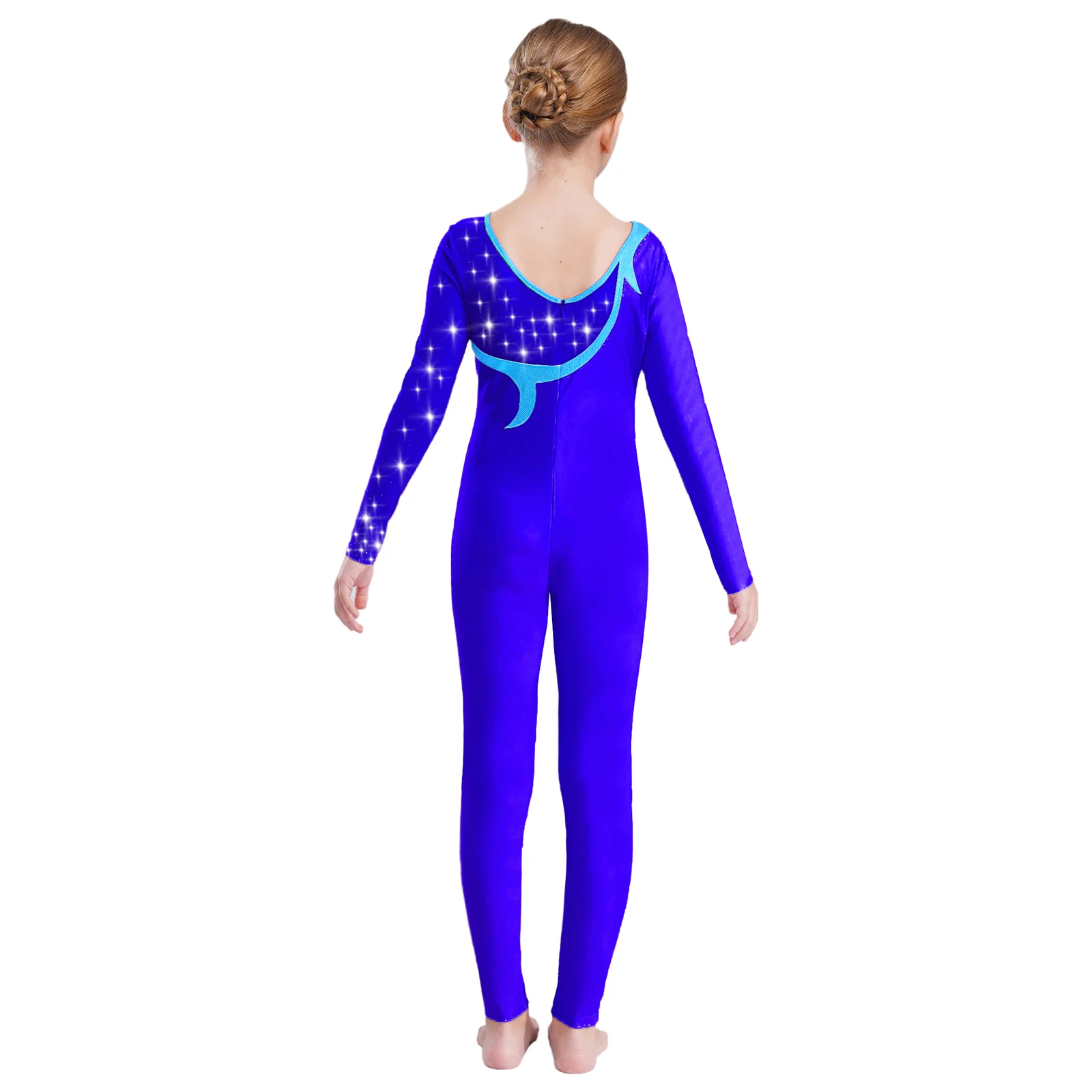 Kids Girls Ballet Jersey Dance Jumpsuit Long Sleeve Shiny Rhinestone Rhythmic Gymnastics Dance Romper Stage Performance Costume