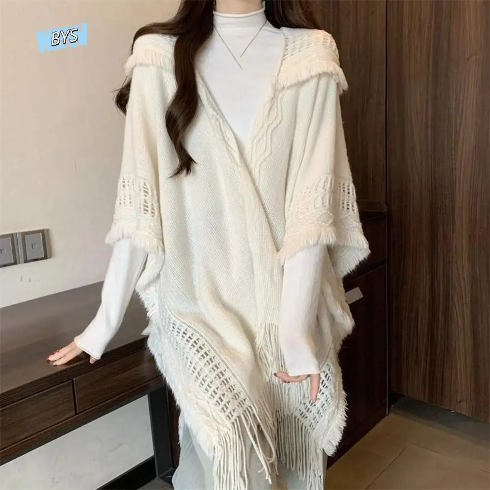 

Simple Tassel Knitted Hoodie Shawl Wrap Crochet Top Women Cloak Scarf Accessories Solid Color Evening Capes Female/Women