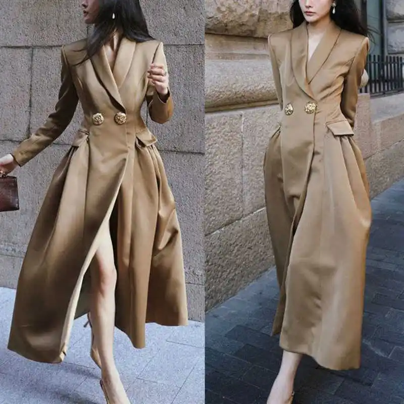 

Fashion Women Windbreaker Double Button Slim Long Dress Spring and Autumn Street Office Wear Customized