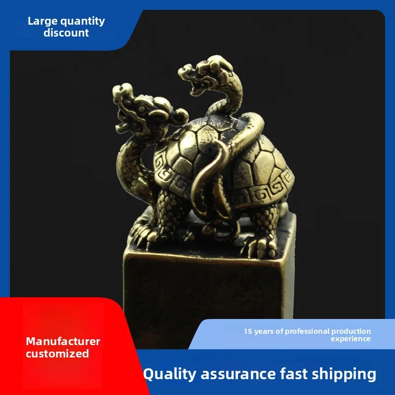 

Brass Four Mythical Beasts Seal Qinglong Baihu Zhuque XuanwuMini Coiled Snake DragonTurtle Twin Seal, Retro Chinese Art Ornament