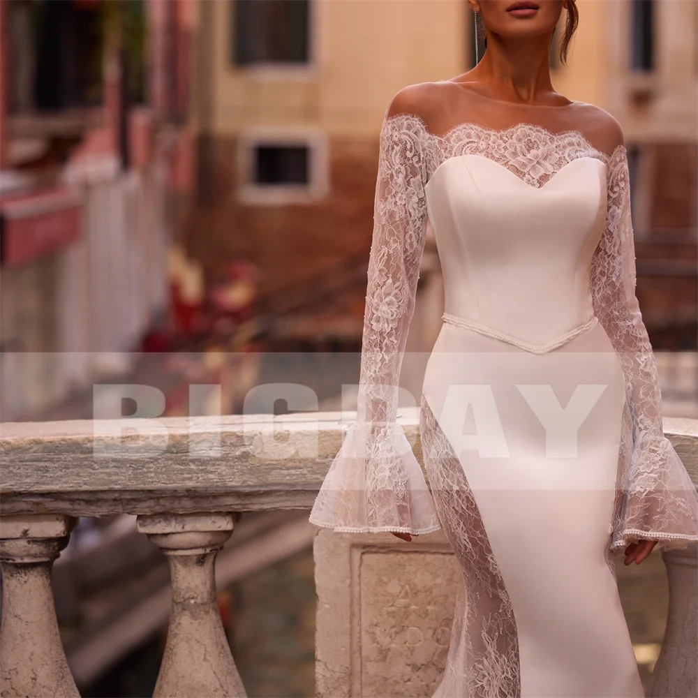 BIGDAY فستان زفاف مثير بأكمام طويلة من الدانتيل حورية البحر 2025 الوهم الخلفي رقبة دائرية برباط فستان زفاف Vestido De Noiva مخصص
