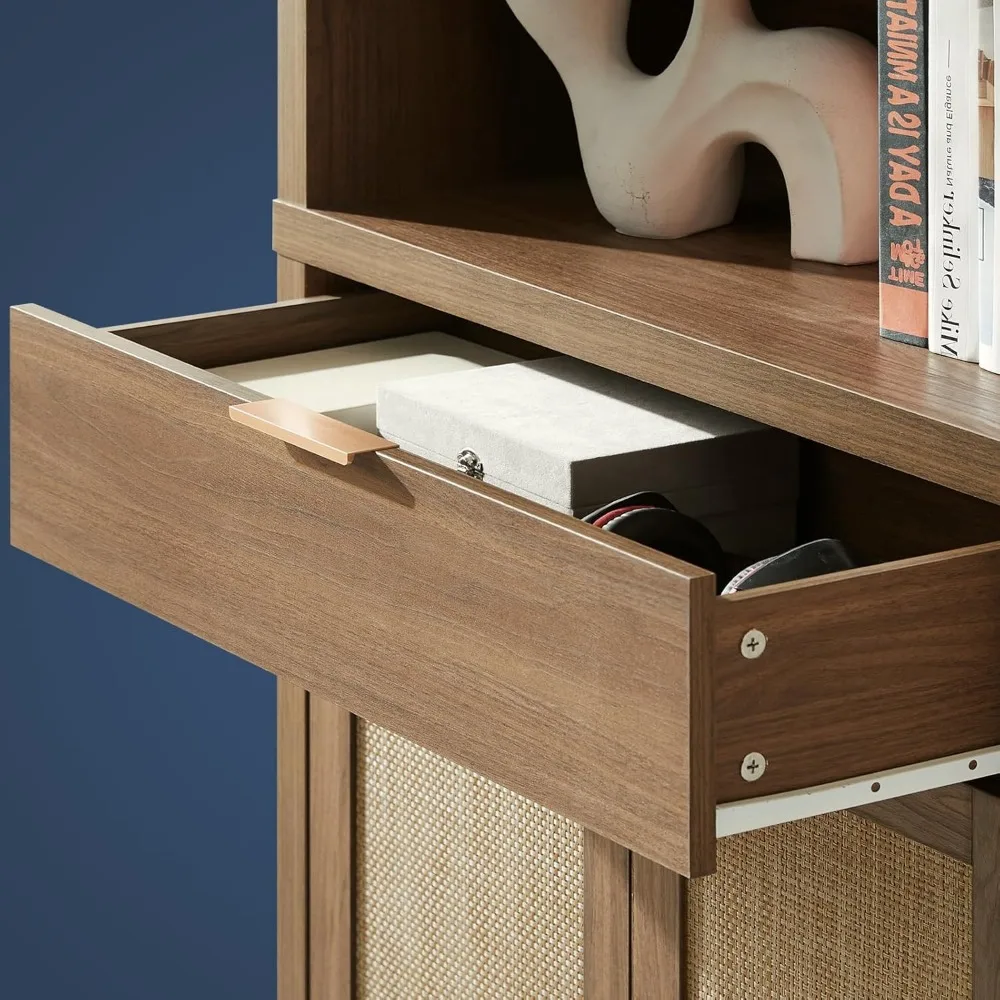 大きな籐製5段木製本棚（扉と引き出し付き、収納用）