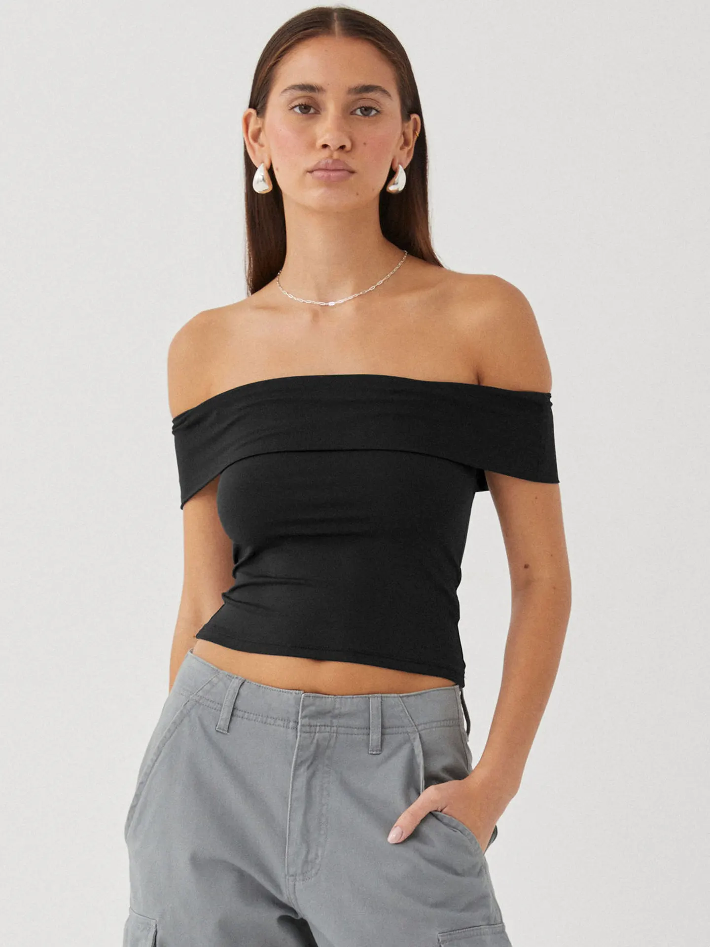 InstaLike-Solid Slash Neck Tee, Folds Short Sleeve Shirts,Crop Top, Black Slim Streetwear, Folds Slim Tee, Sexy Elegant,Summer