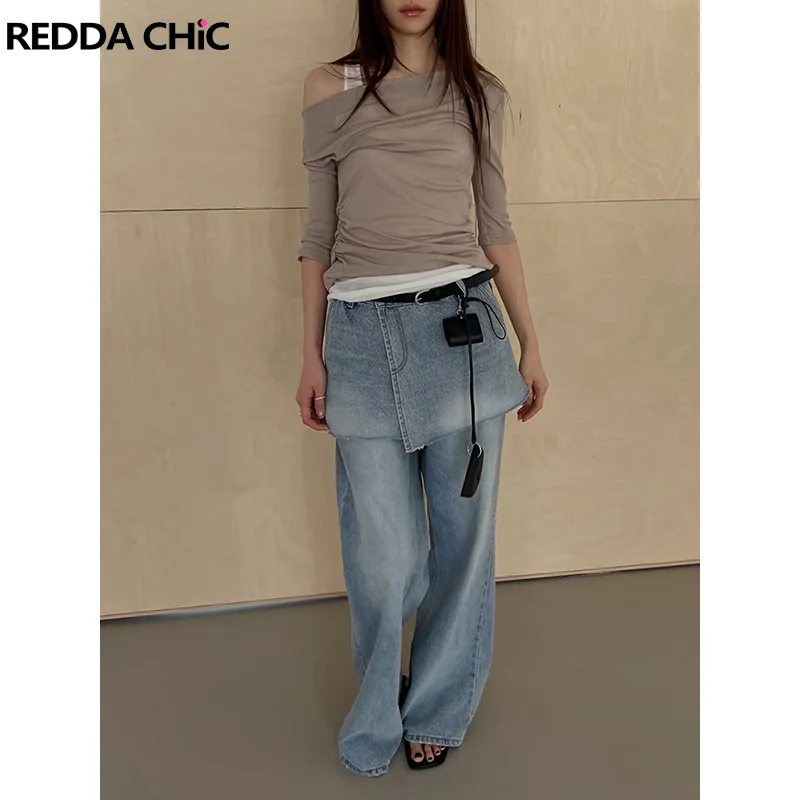 

ReddaChic Patchwork Wide Leg Jeans for Women Trendy Skirt Layered Distressed Frayed Fake Two-piece Trousers Korean Everyday Wear