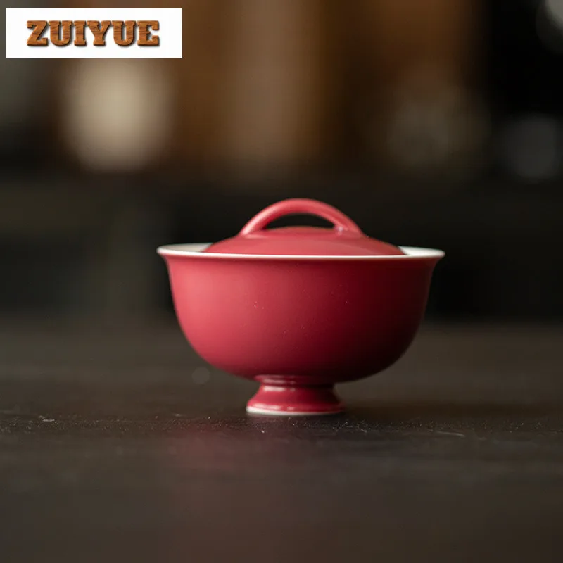 120ml Retro Carmine Red Ceramic Gaiwan Pure Handmade Thin Body  Tea Tureen Tea Brewing Cover Bowl Tea Ceremony Decoration Gifts