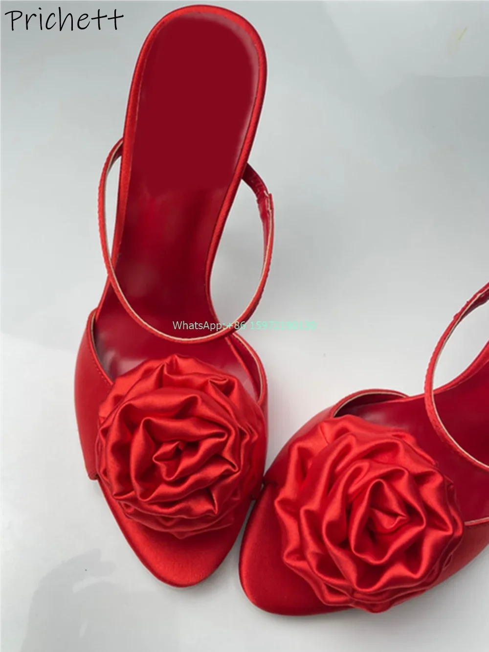 Satin Rose Two Way Wear Sandals Peep Toe Thin Heels Solid Slip On Outdoor Slippers Women's Luxury Red Pleated Flower Shoes