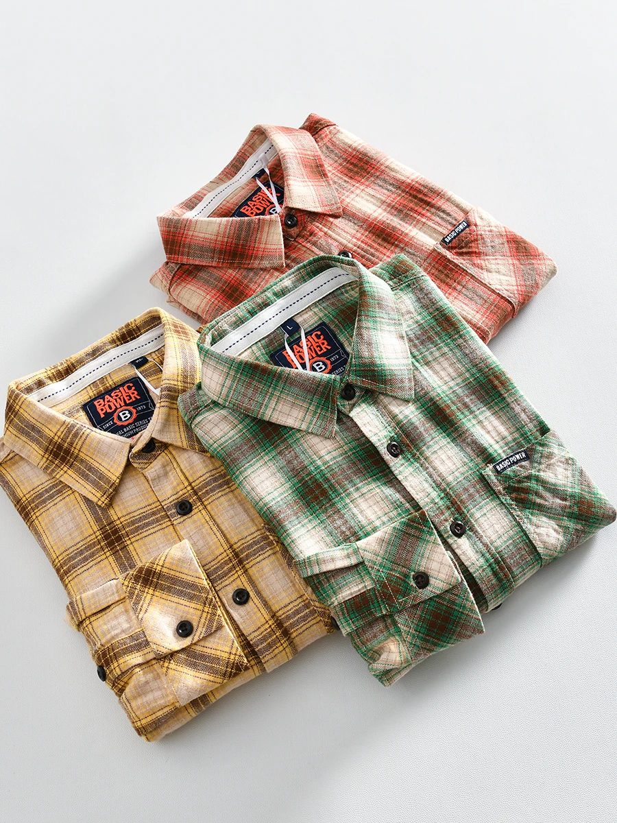

Washed Cotton Long Sleeve Shirt Men's Vintage Casual Contrast Color Plaid Collar Shirt Autumn Season Breathable Moisture Wicking
