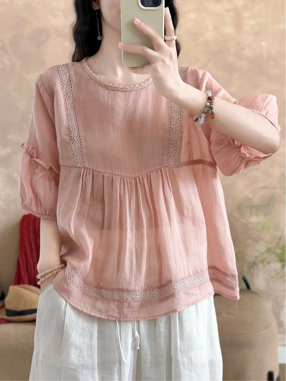 Summer 2026 New Hemp Floral Print Blouse Women's Slimming Babydoll Shirt Short Sleeve round Neck Splice Style Casual Wear