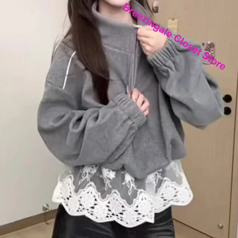 Korean retro lace stitching stand-up cardigan sweater women's spring and autumn casual loose unique design long-sleeved top