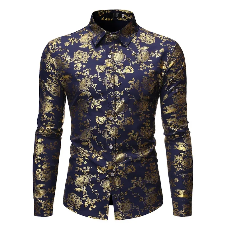 

2025 Men Gold Stamp Printed Long Sleeve Shirt Black / White Fashion Male Wedding Prom Party Bar KTV Casual Flower Tops