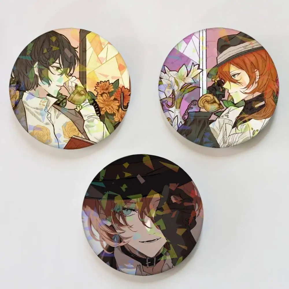 Bungo Stray Dogs Dazai Osamu Nakahara Chuuya Round Badge Lapel Pins for Backpacks Briefcase Laser Brooch Clothes Gifts