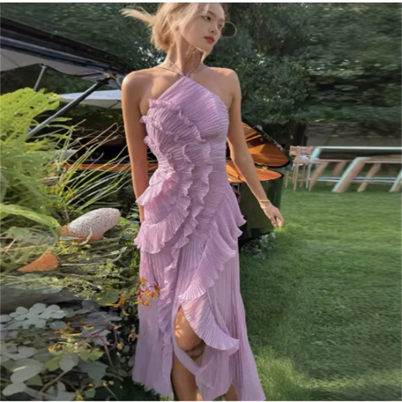 

Miyake Chic Elegant Lotus Edge Maxi Dress Slim Fit Backless Lace Up Halter Robes Sleeveless Party Vestidos Lady Vacation Gowns