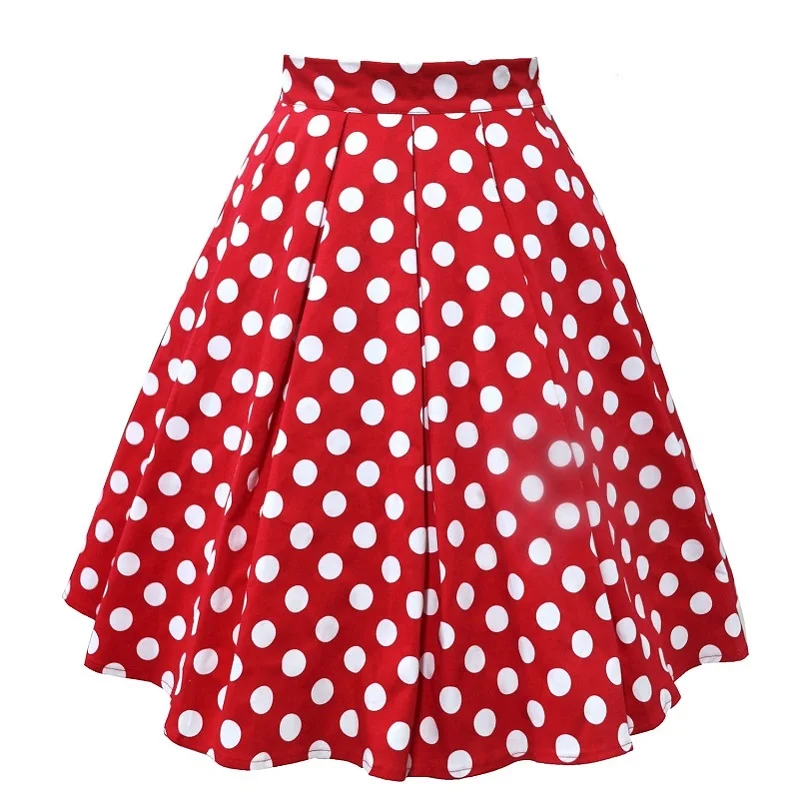 

Spring Summer Women's Retro Red Polka Dot Print Pleated Knee-Length Midi f Skirt A-Line Flared Umbrella Skirt Cotton Material
