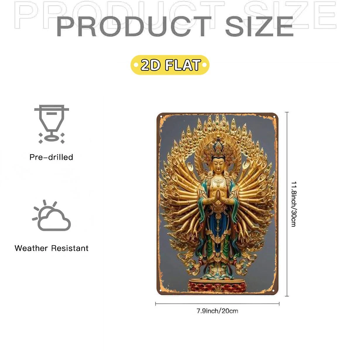 2D Flat 1pc,Golden Statue of Guanyin with Thousand Arms and Eyes,metal Lron Sign,size(8