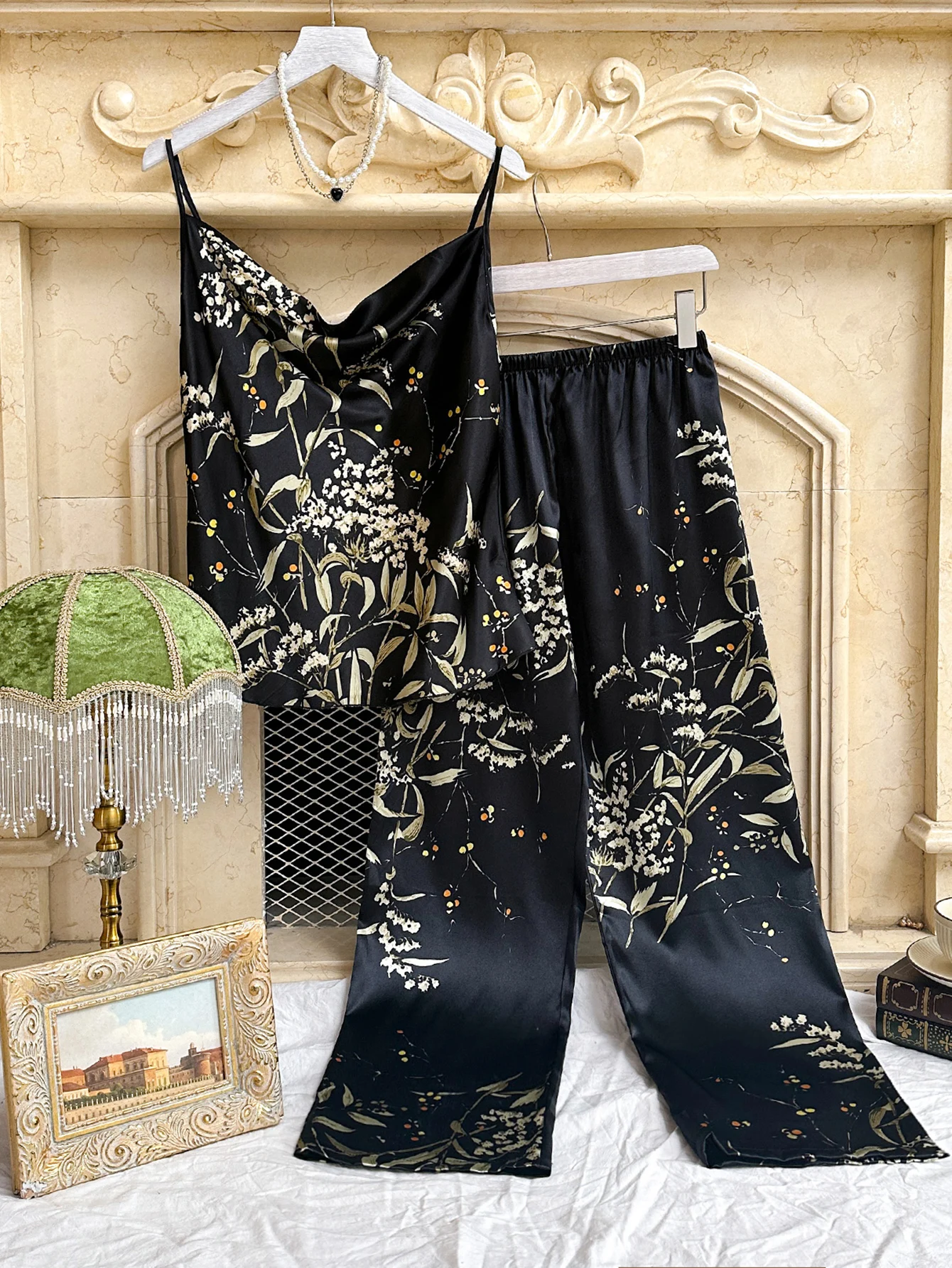 

Маленький пижамный комплект с вишневым принтом, весенне-летние брюки с лямкой на шее, тонкая домашняя одежда из двух предметов для женщин