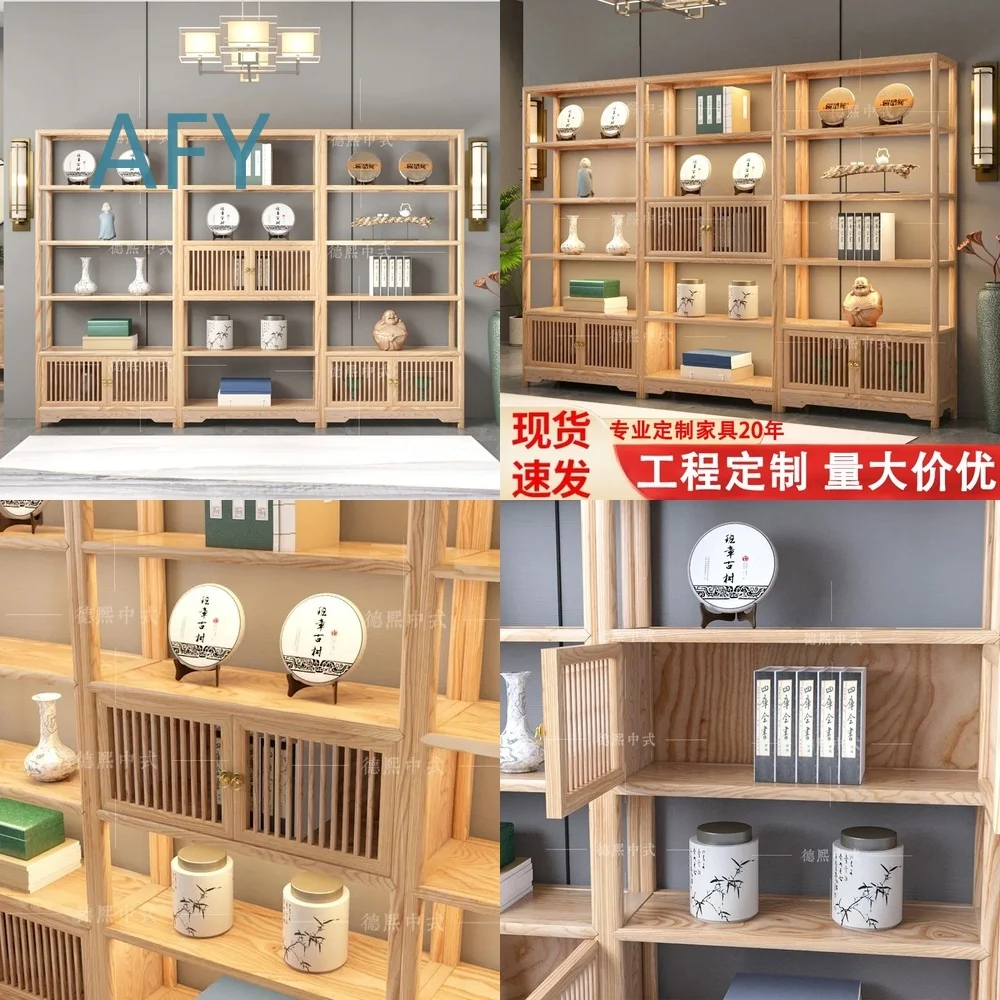 White Wax Wood Antique Display Rack for Tea Set Solid Wood Shelf for Book and Decor New Chinese Style Lighted Cabinet for