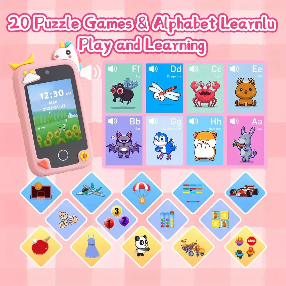 Smartfon dla dzieci 2025, zabawki edukacyjne, mobil dla niemowląt, MP3, alarm, książeczka z opowiadaniami, podwójny aparat, dla dziewczynek i chłopców, najlepszy prezent na urodziny i Boże Narodzenie.