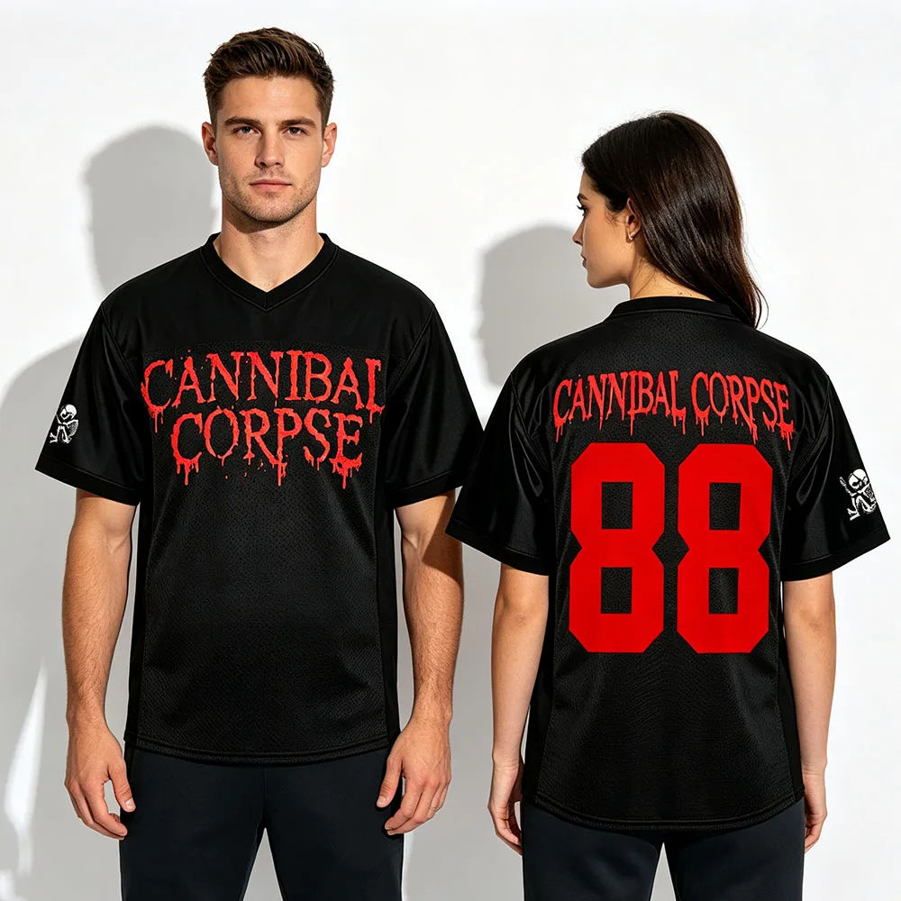 Cannibal Corpse Band Logo Football 88 Print Jersey Men Women V‑Neck Mesh Soccer Shirt Short Sleeve Gothic Death Metal Streetwear