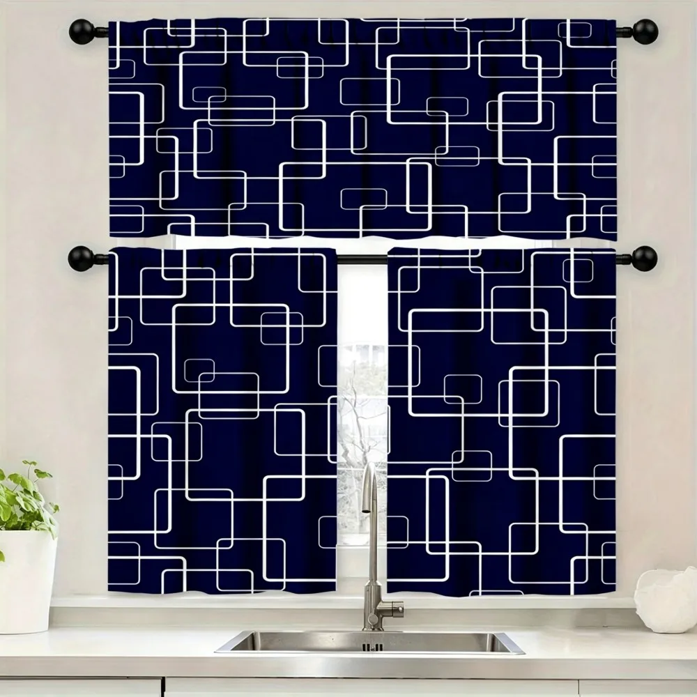 Geometric Kitchen Curtains, Navy Blue Square Chain Link, Digital Print, Kitchen Dining Room, Rod Pocket Polyester, Home Decor