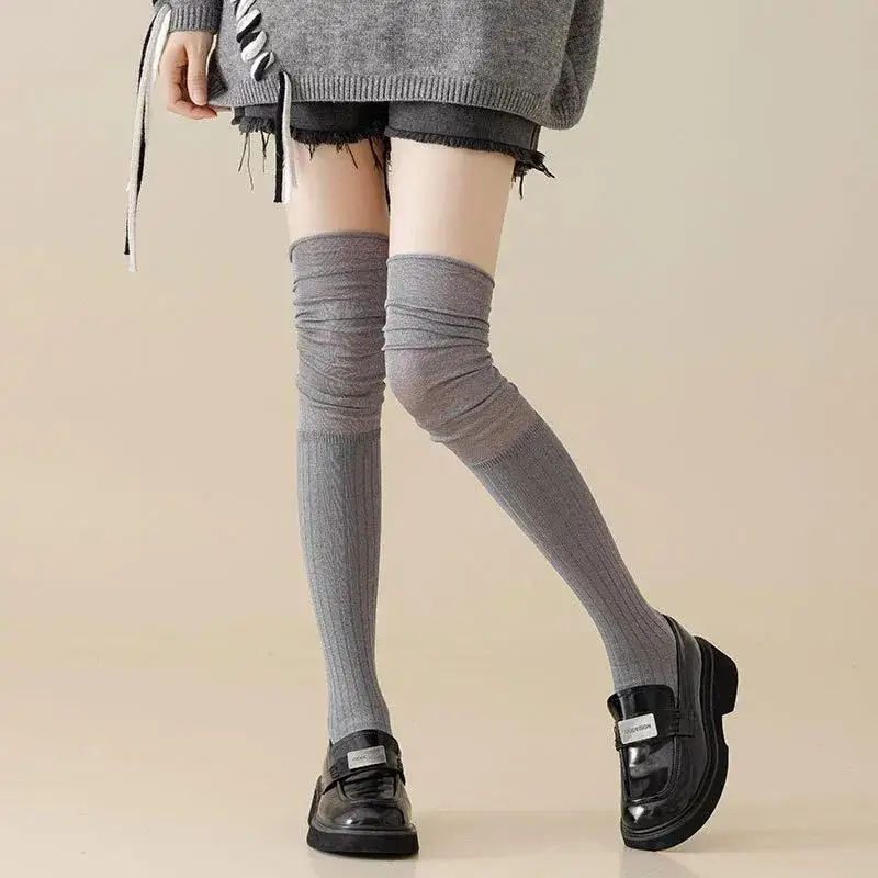 2 Pairs Women's Over Knee Slouch Socks Soft Patchwork Thigh High Stockings Fashion Solid Color Leg Warmers for Mini Skirts