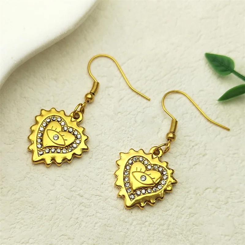 Rhinestones Love Heart Pendant Hoop Earrings For Women Men Stainless Steel Gold Color Devil Eye Earring Party Jewelry Gift