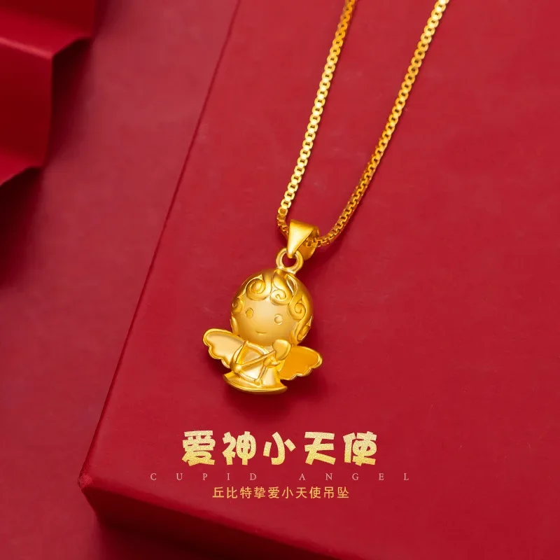 

9999 Real Gold 24K Women's Japan and Korea Fashion 3D Hard Gold Angel Necklace Angel Pendant Collarbone Chain