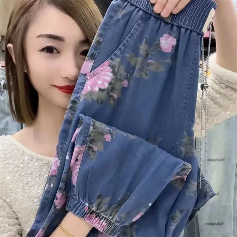 

2025 Spring Summer Thin Style Printing Women's Pants Comfortable Elegant Fashion Lady Casual Trousers Ladies Foot Binding Pants