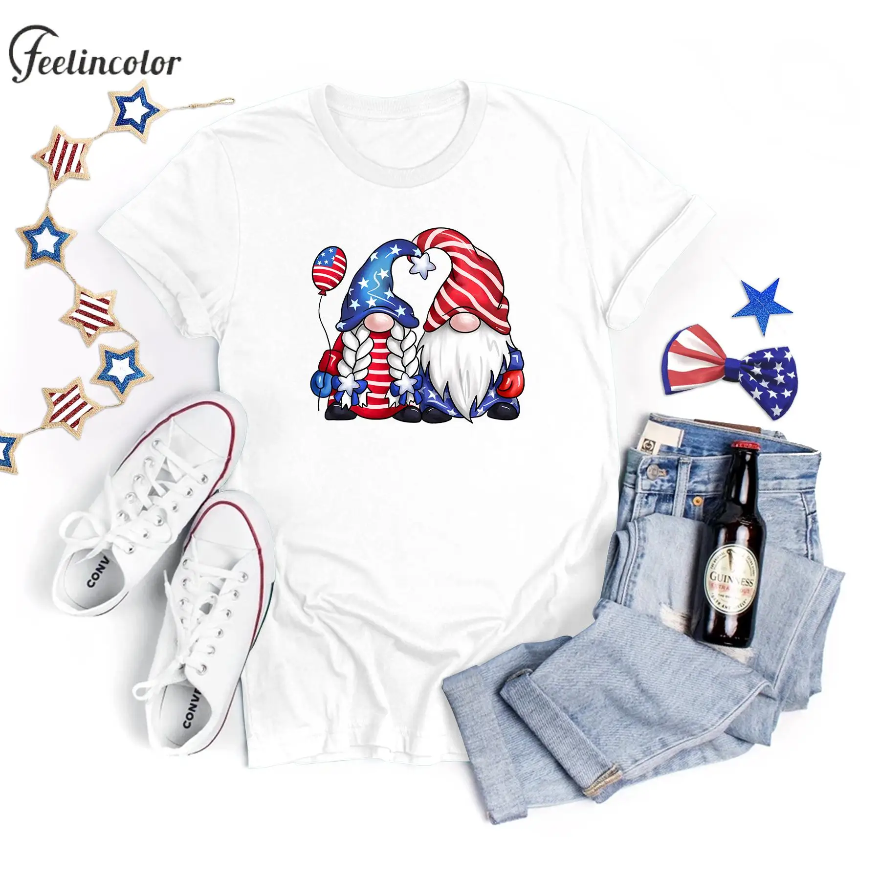 

Independence Day USA Gnomes T-shirts Women 4th of July Fireworks Shirt Gifts Patriotic Casual Top White Short Sleeve Tee Shirt